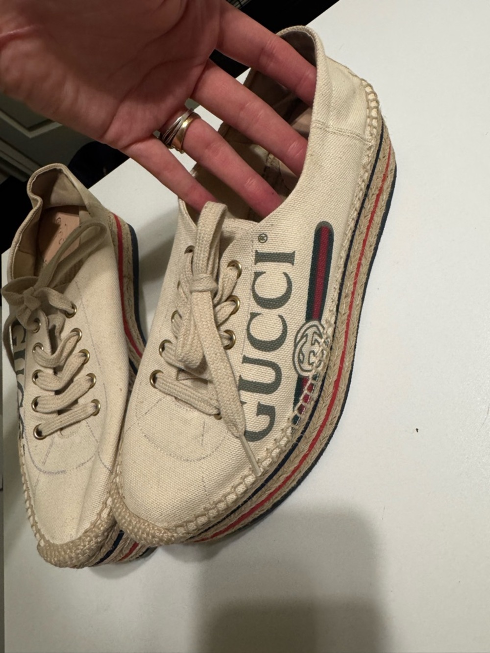 Gucci Cream and Tan Canvas Espadrille Sneakers